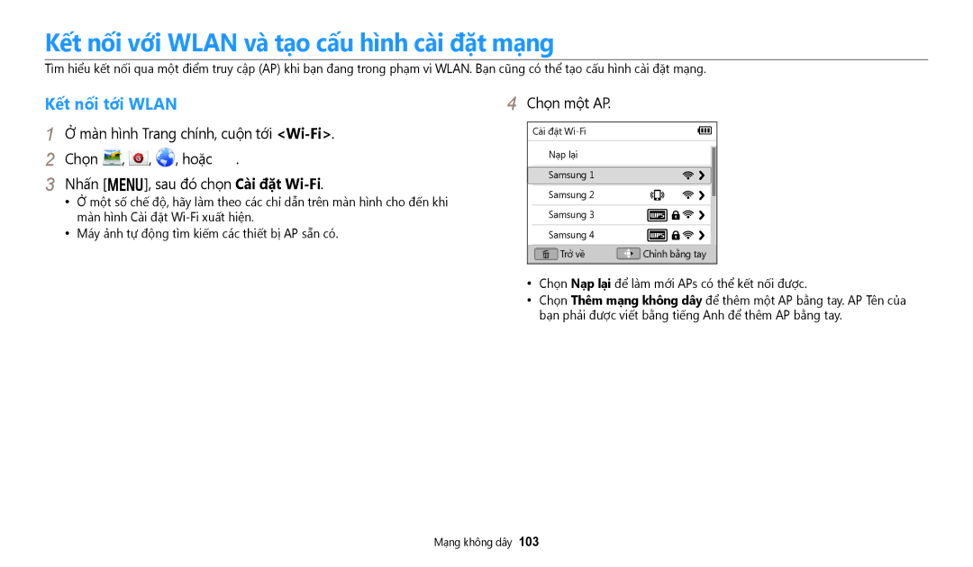 Samsung EC-DV180FBDBVN manual Kết nối với Wlan và tạo cấu hình cài đặt mạng, Kết nối tới Wlan, Chọn một AP 