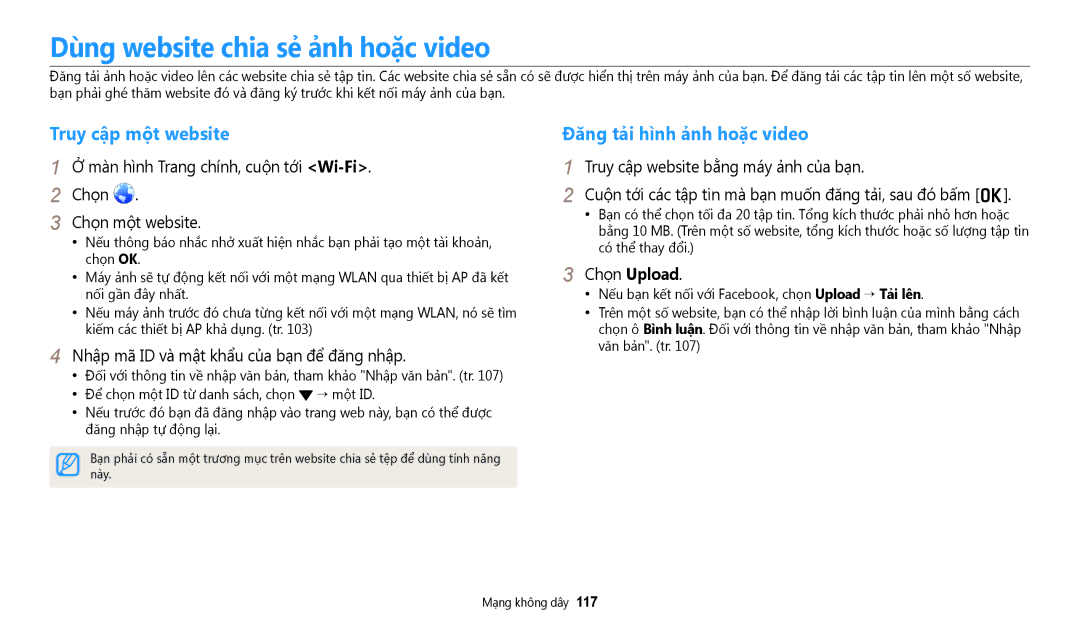 Samsung EC-DV180FBDBVN manual Dùng website chia sẻ ảnh hoặc video, Truy cập một website, Đăng tải hình ảnh hoặc video 