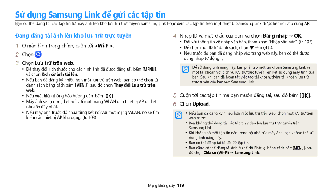 Samsung EC-DV180FBDBVN manual Sử dụng Samsung Link để gửi các tập tin, Đang đăng tải ảnh lên kho lưu trữ trực tuyến 