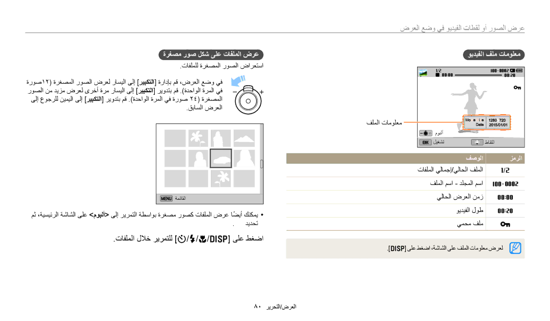 Samsung EC-DV180FBDPSA manual تافلملا للاخ ريرمتلل t/F/c/D ىلع طغضا, ةرغصم روص لكش ىلع تافلملا ضرع ويديفلا فلم تامولعم 