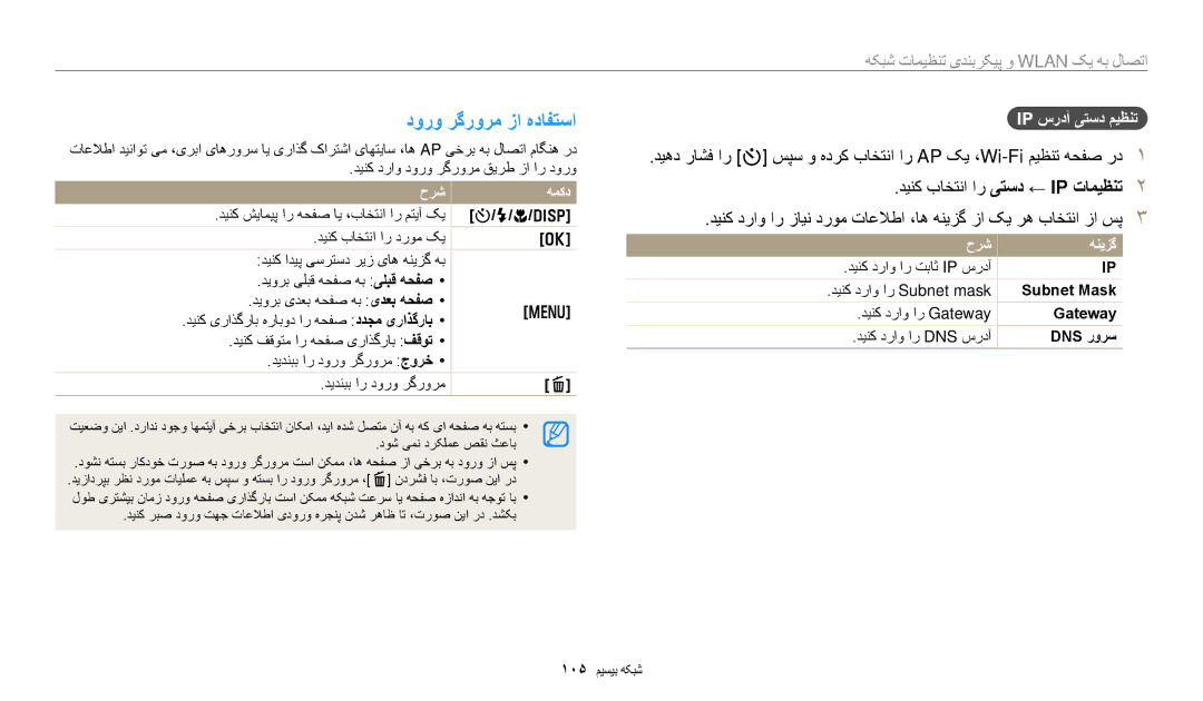 Samsung EC-DV180FBDBSA, EC-DV180FBDPSA manual دورو رگرورم زا هدافتسا, Ip سردآ یتسد میظنت, Subnet Mask, Gateway, Dns رورس 