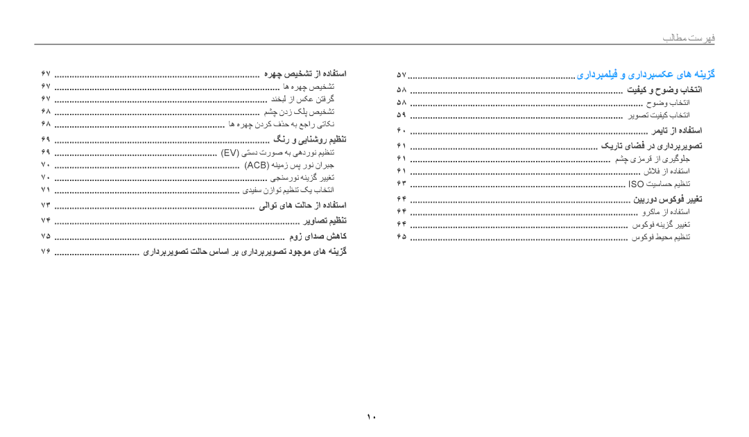 Samsung EC-DV180FBDWSA, EC-DV180FBDPSA, EC-DV180FBDBSA manual بلاطم تسرهف, یرادربملیف و یرادربسکع یاه هنیزگ 