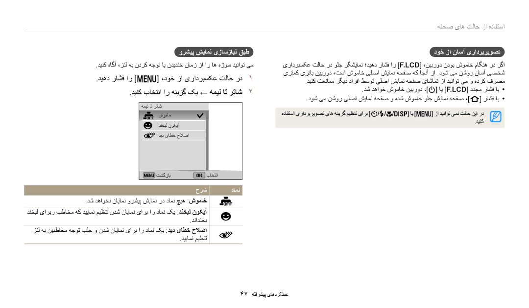 Samsung EC-DV180FBDPSA, EC-DV180FBDBSA manual هنحص یاه تلاح زا هدافتسا, ورشیپ شیامن یزاسزاین قبط, دوخ زا ناسآ یرادربریوصت 