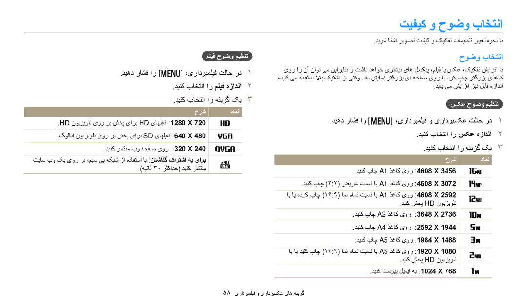 Samsung EC-DV180FBDWSA manual تیفیک و حوضو باختنا, ملیف حوضو میظنت, سکع حوضو میظنت, دبای یم شیازفا زین لیاف هزادنا 