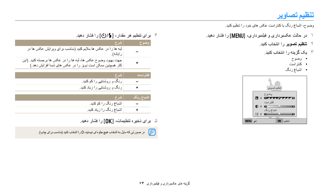 Samsung EC-DV180FBDPSA manual ریواصت میظنت, دیهد راشف ار t/F ،رادقم ره میظنت یارب, حرش حوضو, حرش تسارتنک, حرش گنر عابشا 