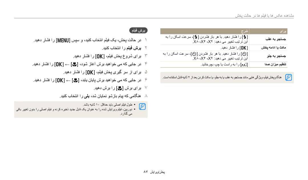 Samsung EC-DV180FBDBSA, EC-DV180FBDPSA manual ملیف شرب, بقع هب وجتسج, شخپ همادا ای ثکم, ولج هب وجتسج, ادص نازیم میظنت 