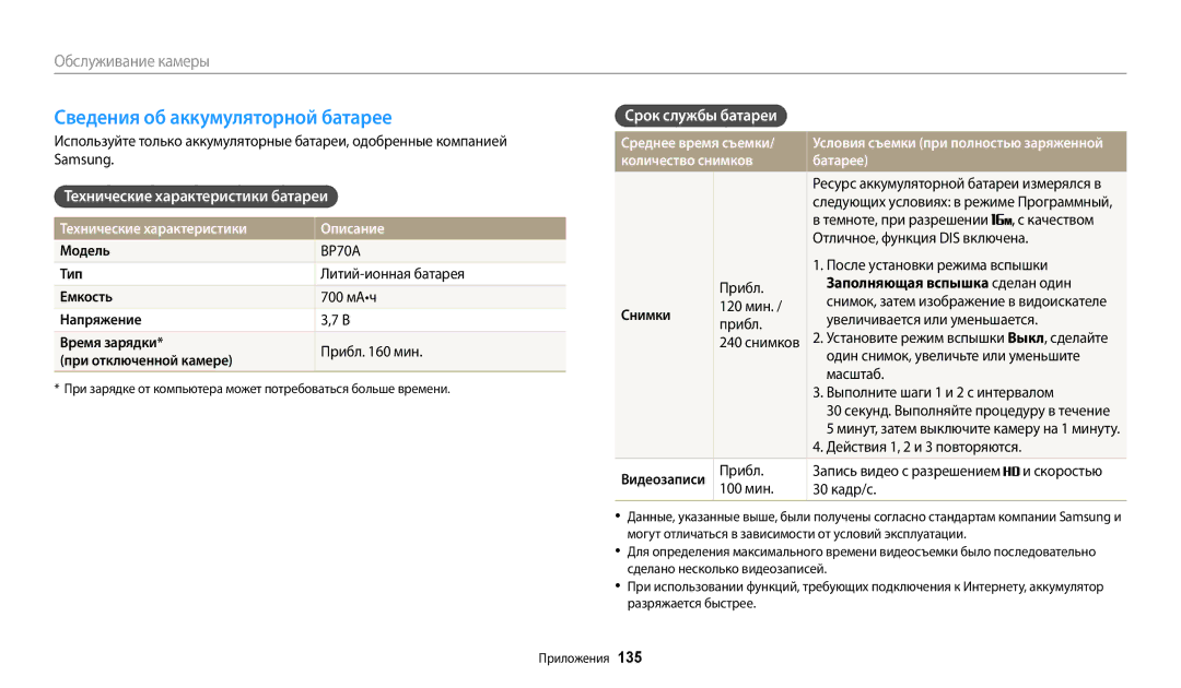 Samsung EC-DV180FBPBRU manual Сведения об аккумуляторной батарее, Технические характеристики батареи, Срок службы батареи 