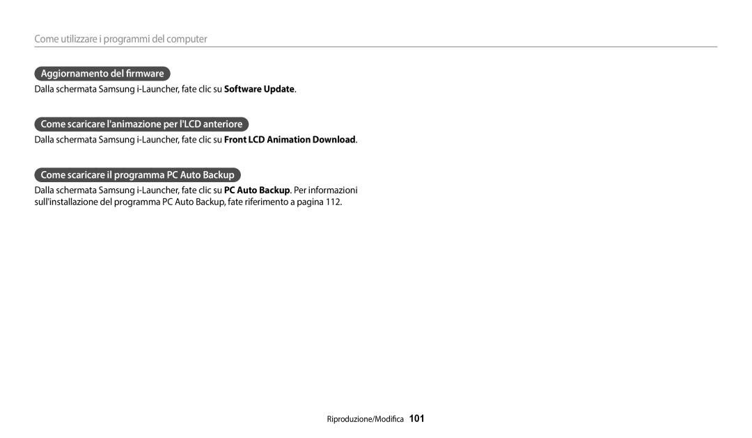 Samsung EC-DV180FBPWE1 manual Aggiornamento del firmware, Come scaricare lanimazione per lLCD anteriore 