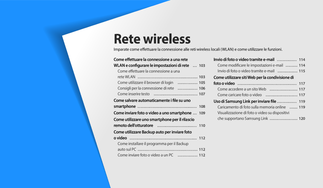 Samsung EC-DV180FBPWE1 manual Wlan e configurare le impostazioni di rete …, Come utilizzare Backup auto per inviare foto 