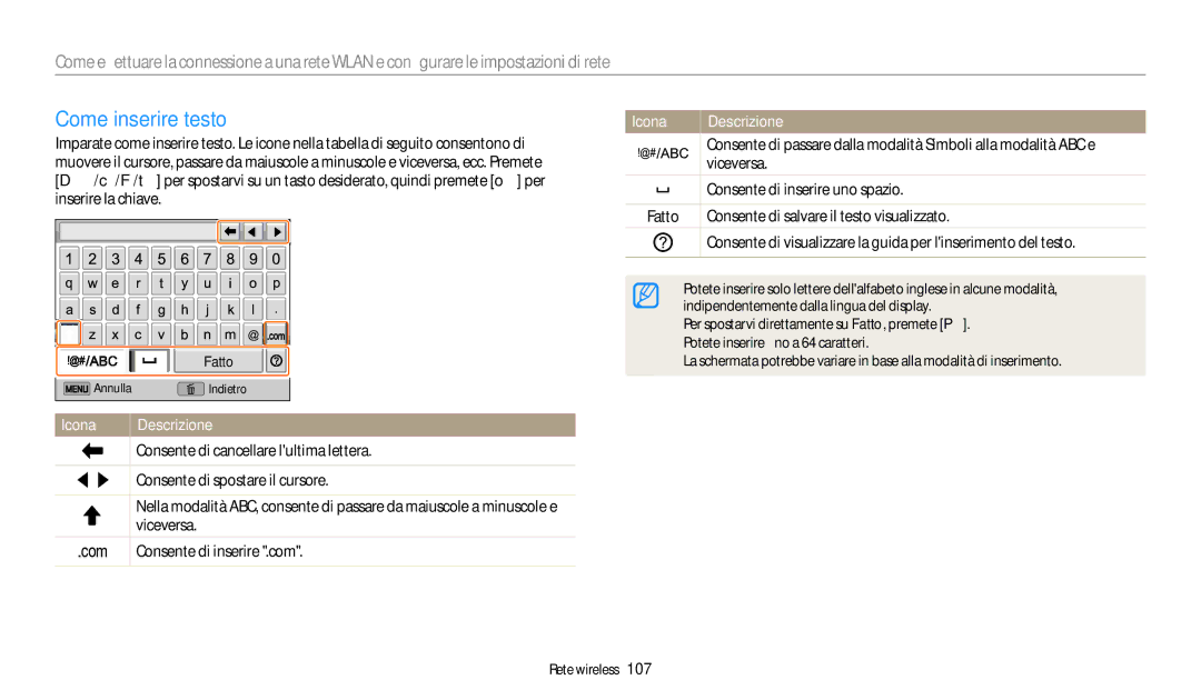 Samsung EC-DV180FBPWE1 manual Come inserire testo, Viceversa, Consente di inserire uno spazio 