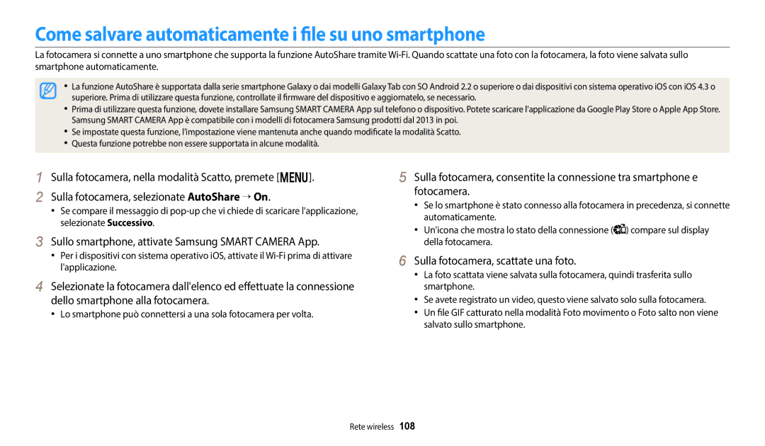 Samsung EC-DV180FBPWE1 manual Come salvare automaticamente i file su uno smartphone, Sulla fotocamera, scattate una foto 