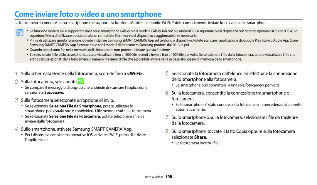 Samsung EC-DV180FBPWE1 manual Come inviare foto o video a uno smartphone, Sulla fotocamera selezionate unopzione di invio 