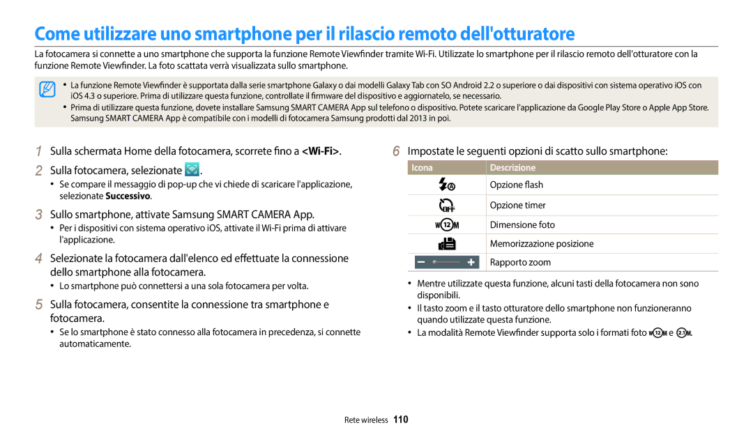 Samsung EC-DV180FBPWE1 manual Impostate le seguenti opzioni di scatto sullo smartphone, Opzione flash, Opzione timer 