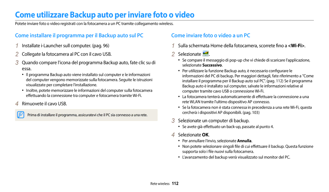 Samsung EC-DV180FBPWE1 manual Come utilizzare Backup auto per inviare foto o video, Come inviare foto o video a un PC 