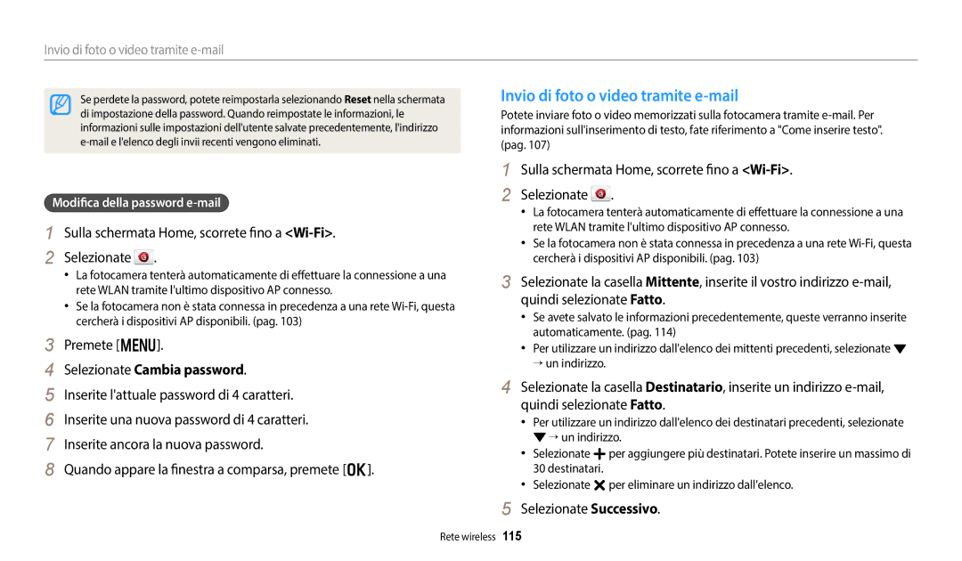 Samsung EC-DV180FBPWE1 manual Invio di foto o video tramite e-mail, Selezionate Cambia password, Selezionate Successivo 