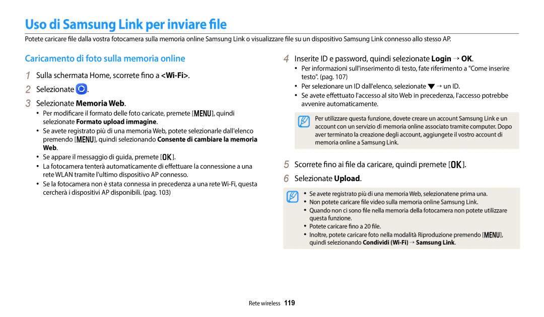 Samsung EC-DV180FBPWE1 manual Uso di Samsung Link per inviare file, Caricamento di foto sulla memoria online 