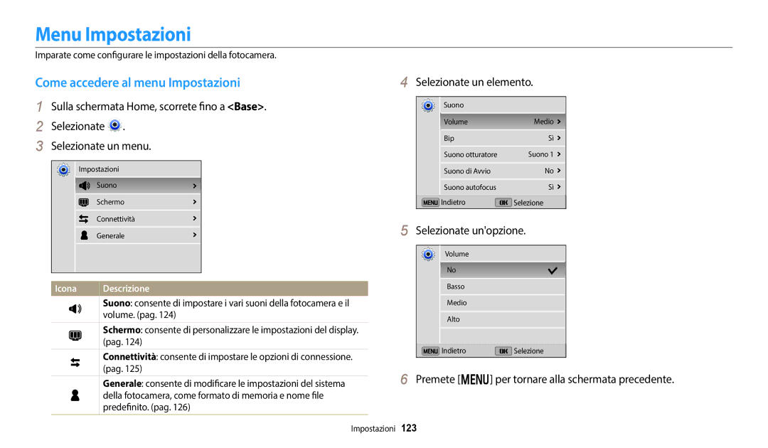 Samsung EC-DV180FBPWE1 manual Menu Impostazioni, Come accedere al menu Impostazioni, Selezionate un elemento 