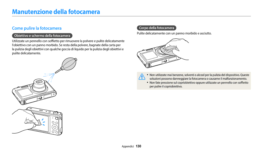 Samsung EC-DV180FBPWE1 Manutenzione della fotocamera, Come pulire la fotocamera, Obiettivo e schermo della fotocamera 