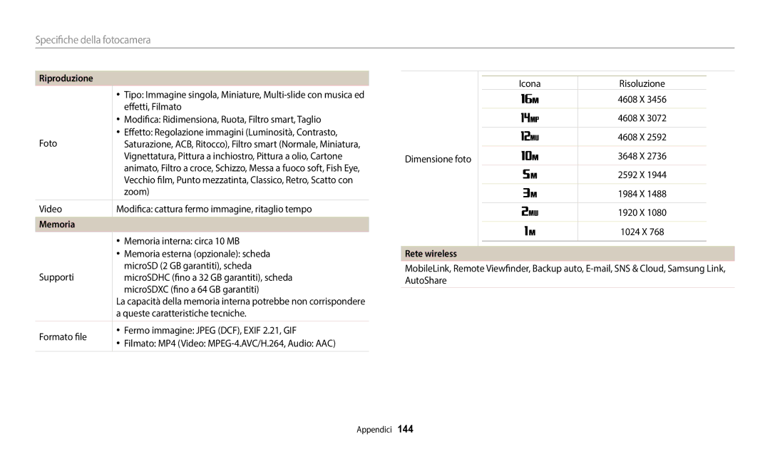 Samsung EC-DV180FBPWE1 manual Memoria, Rete wireless 