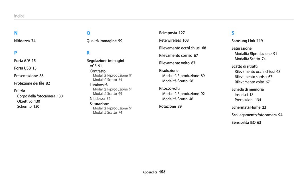 Samsung EC-DV180FBPWE1 manual Corpo della fotocamera 130 Obiettivo Schermo, ACB Contrasto, Nitidezza Saturazione 