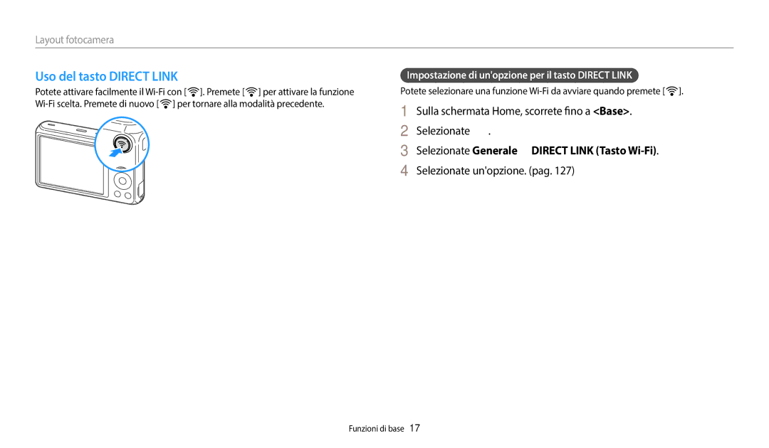 Samsung EC-DV180FBPWE1 manual Uso del tasto Direct Link, Sulla schermata Home, scorrete fino a Base Selezionate 