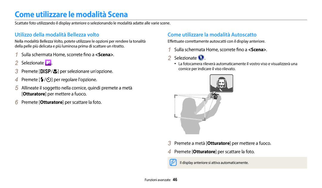 Samsung EC-DV180FBPWE1 manual Come utilizzare le modalità Scena, Utilizzo della modalità Bellezza volto 