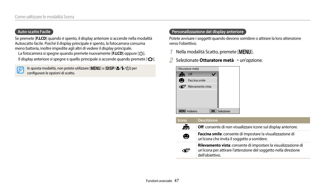 Samsung EC-DV180FBPWE1 manual Auto-scatto Facile, Personalizzazione del display anteriore, Dellobiettivo 