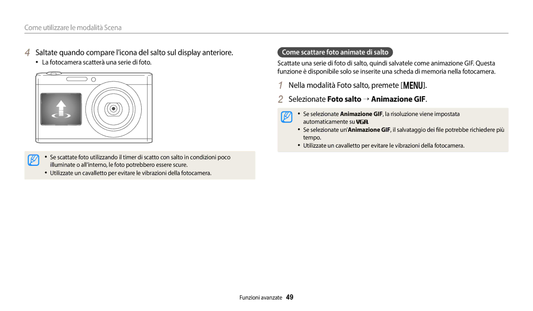 Samsung EC-DV180FBPWE1 manual Nella modalità Foto salto, premete m, Selezionate Foto salto → Animazione GIF 