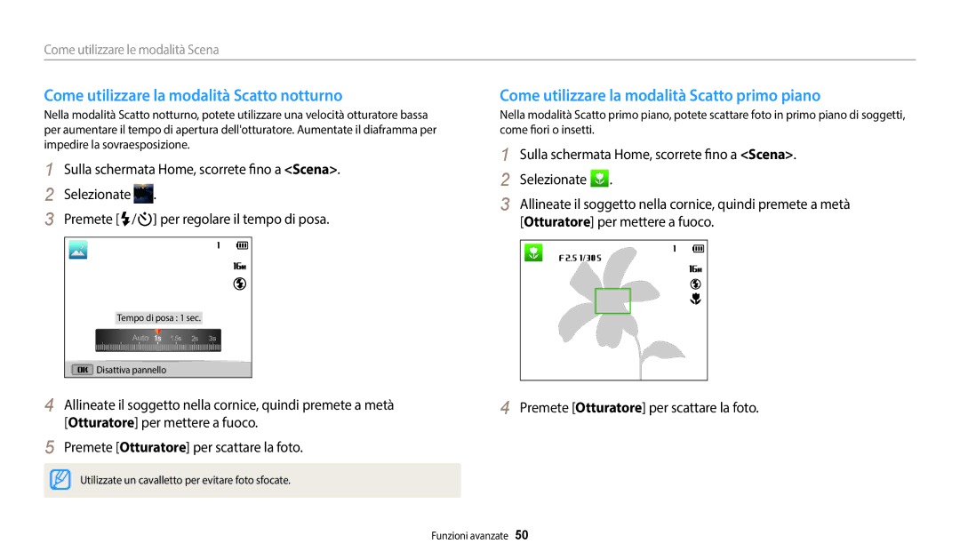 Samsung EC-DV180FBPWE1 manual Come utilizzare la modalità Scatto notturno, Come utilizzare la modalità Scatto primo piano 