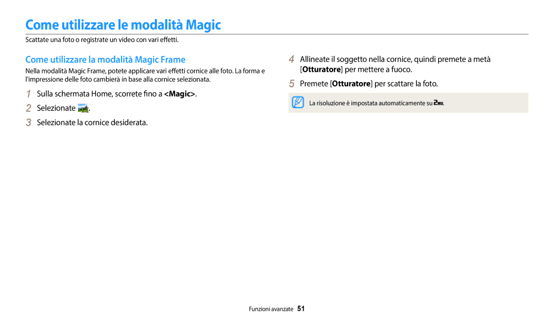 Samsung EC-DV180FBPWE1 manual Come utilizzare le modalità Magic, Come utilizzare la modalità Magic Frame 