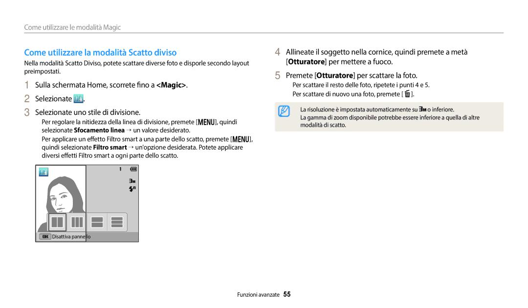 Samsung EC-DV180FBPWE1 manual Come utilizzare la modalità Scatto diviso 
