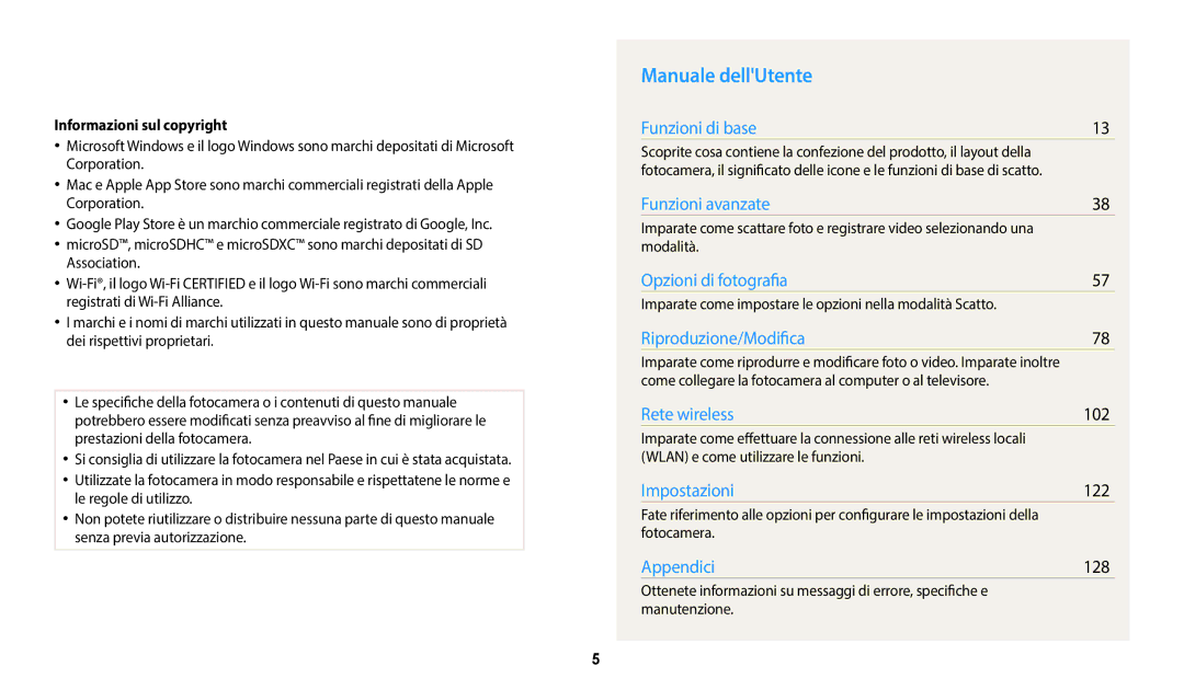 Samsung EC-DV180FBPWE1 manual Manuale dellUtente, 102, 122, 128, Informazioni sul copyright 