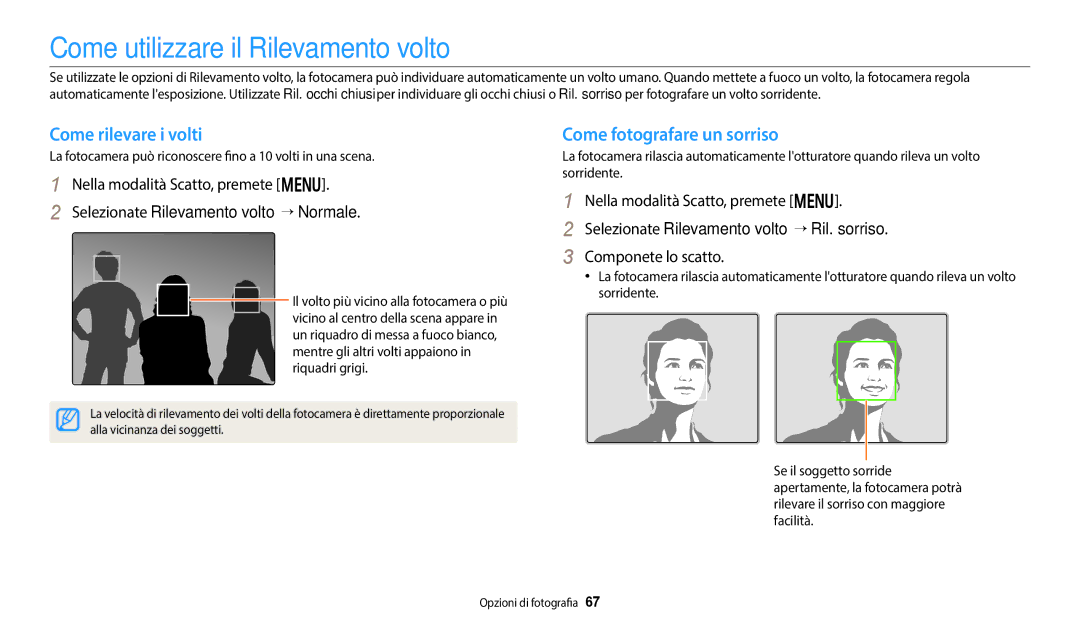 Samsung EC-DV180FBPWE1 manual Come utilizzare il Rilevamento volto, Come rilevare i volti, Come fotografare un sorriso 