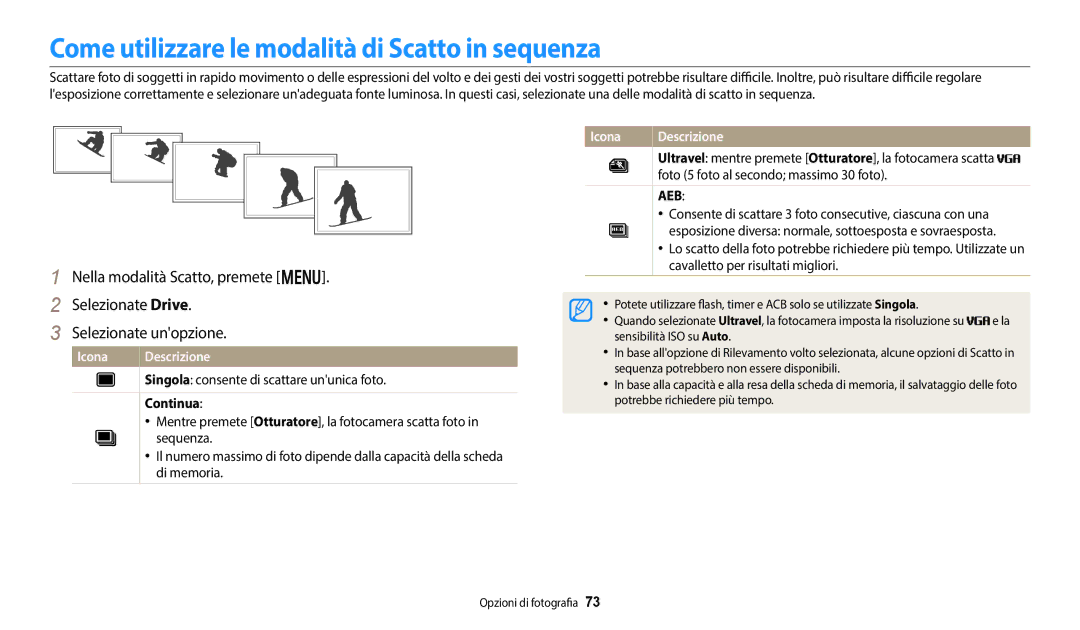 Samsung EC-DV180FBPWE1 Come utilizzare le modalità di Scatto in sequenza, Continua, Foto 5 foto al secondo massimo 30 foto 