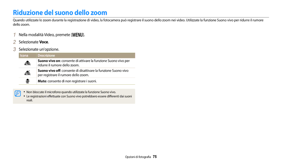 Samsung EC-DV180FBPWE1 Riduzione del suono dello zoom, Ridurre il rumore dello zoom, Per registrare il rumore dello zoom 