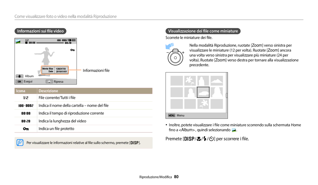 Samsung EC-DV180FBPWE1 manual Premete D/c/F/t per scorrere i file, Informazioni sui file video 