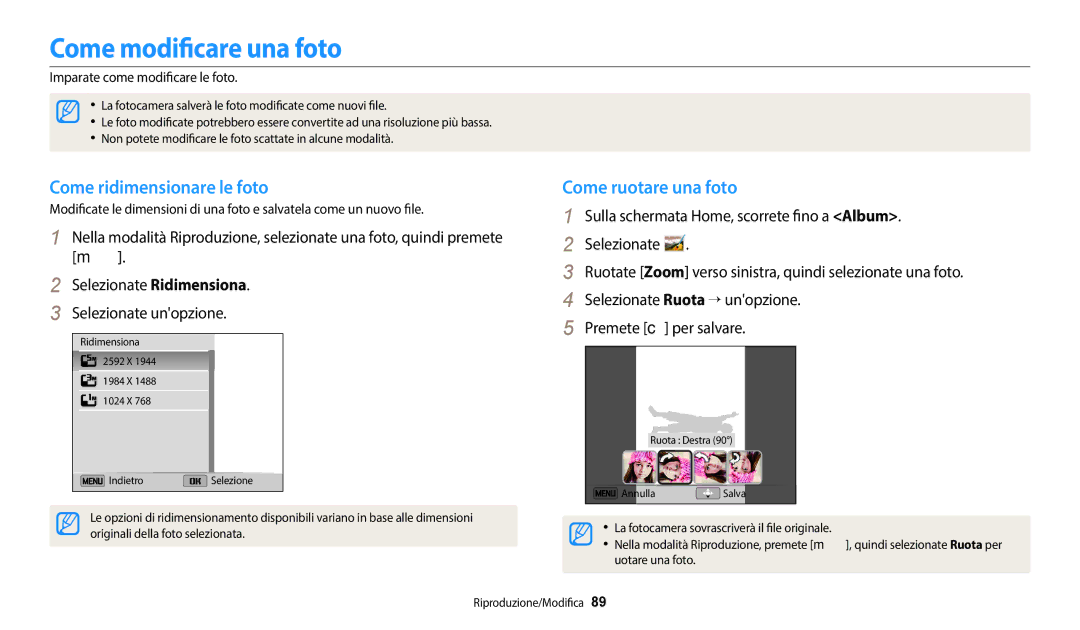 Samsung EC-DV180FBPWE1 manual Come modificare una foto, Come ridimensionare le foto, Come ruotare una foto 