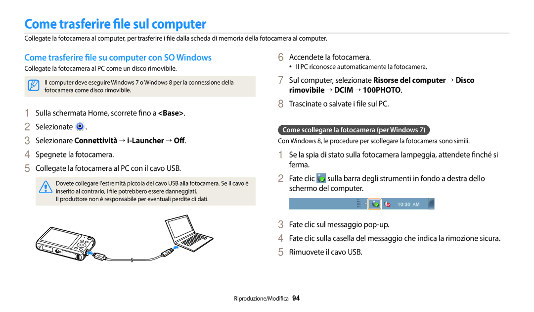 Samsung EC-DV180FBPWE1 manual Come trasferire file sul computer, Come trasferire file su computer con SO Windows 