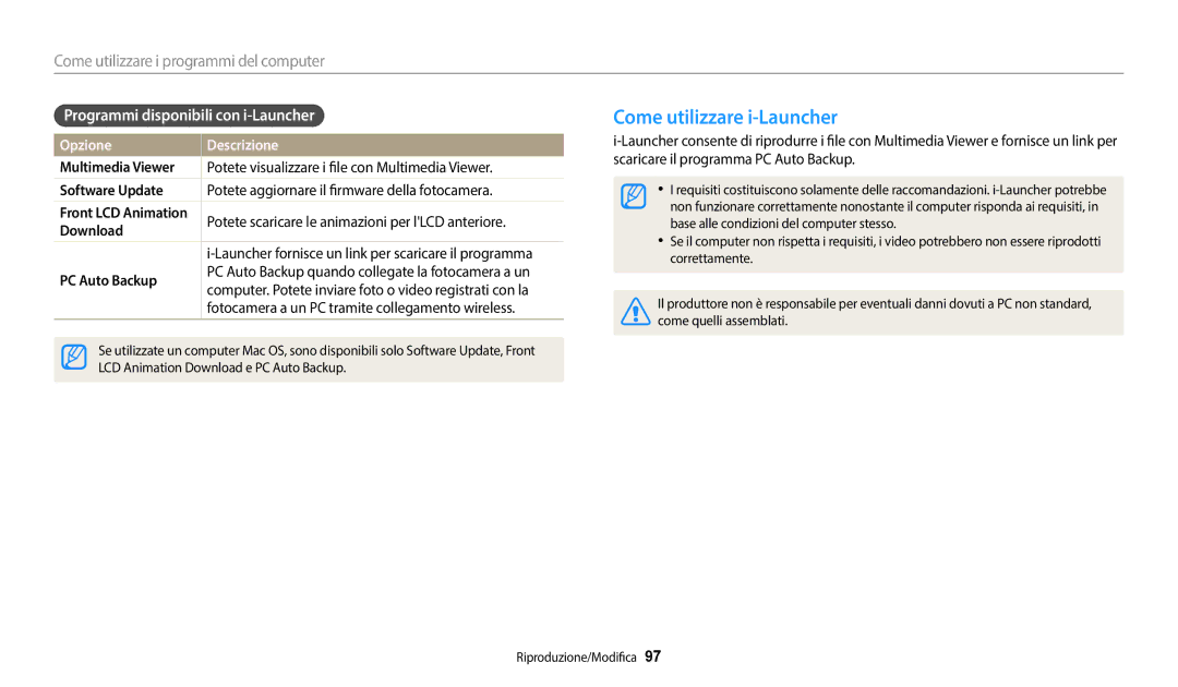 Samsung EC-DV180FBPWE1 manual Come utilizzare i-Launcher, Programmi disponibili con i-Launcher 