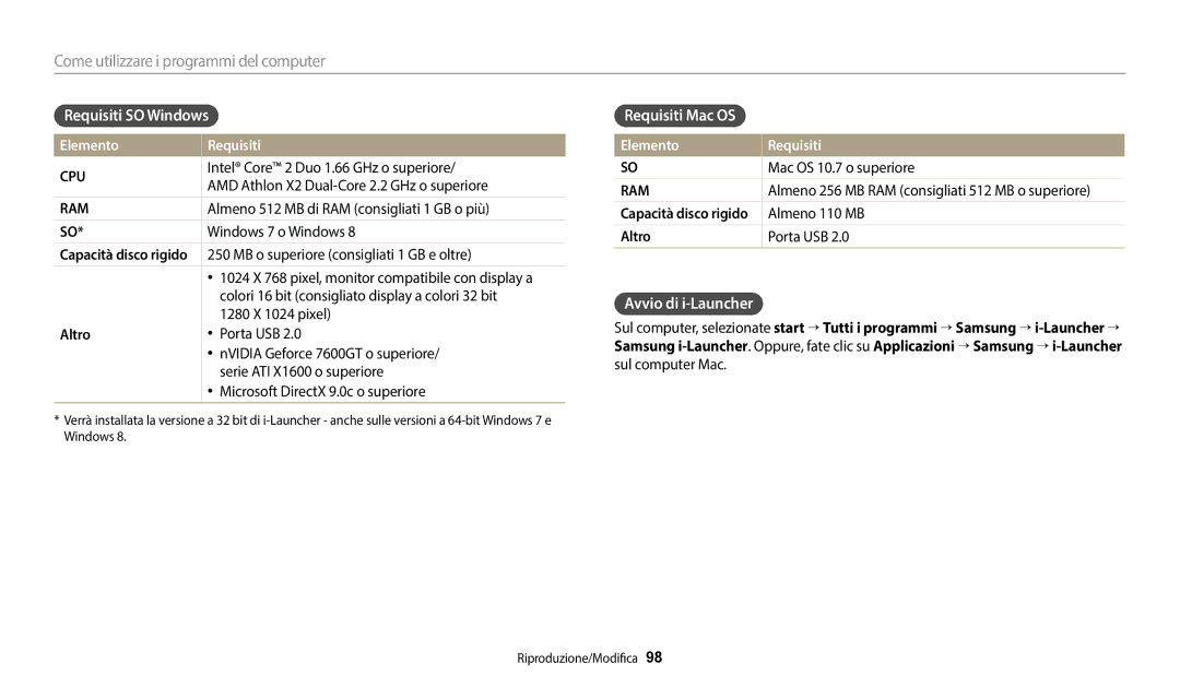 Samsung EC-DV180FBPWE1 manual Requisiti SO Windows, Requisiti Mac OS, Avvio di i-Launcher, Elemento Requisiti 