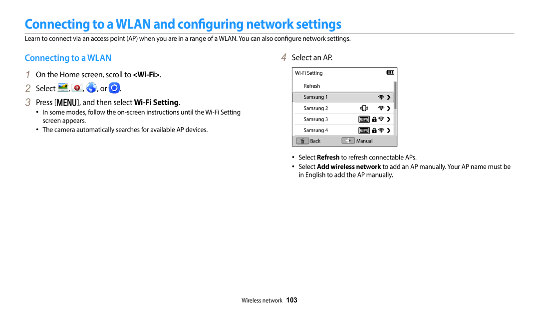 Samsung EC-DV180FBDWSA, EC-DV180FBPWFR, EC-DV180FBPBFR Connecting to a Wlan and configuring network settings, Select an AP 