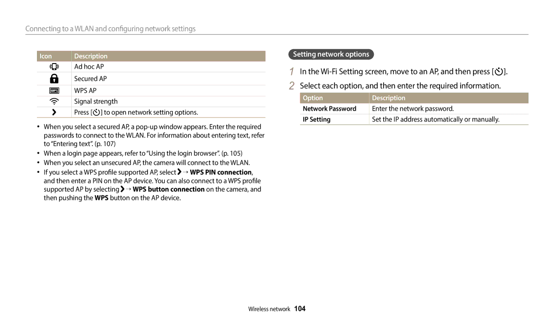 Samsung EC-DV180FBDBVN, EC-DV180FBPWFR manual Connecting to a Wlan and configuring network settings, Setting network options 