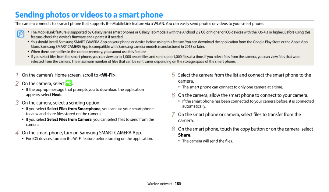 Samsung EC-DV180FBPWE1, EC-DV180FBPWFR Sending photos or videos to a smart phone, On the camera, select a sending option 