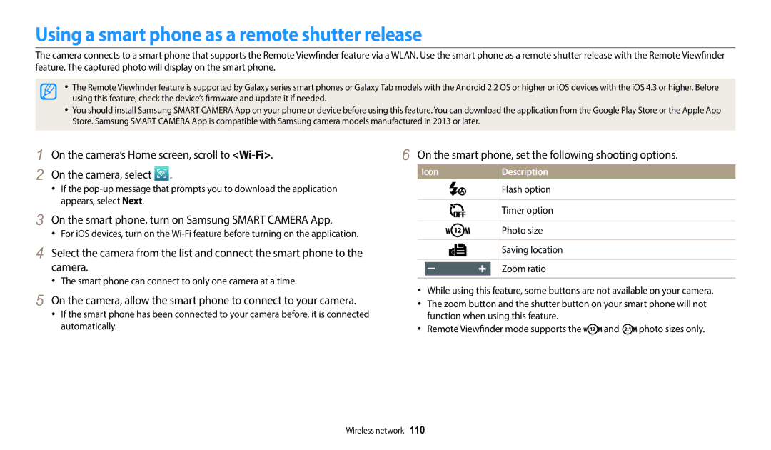 Samsung EC-DV180FBDPSA, EC-DV180FBPWFR, EC-DV180FBPBFR, EC-DV180FBPWE1 manual Using a smart phone as a remote shutter release 