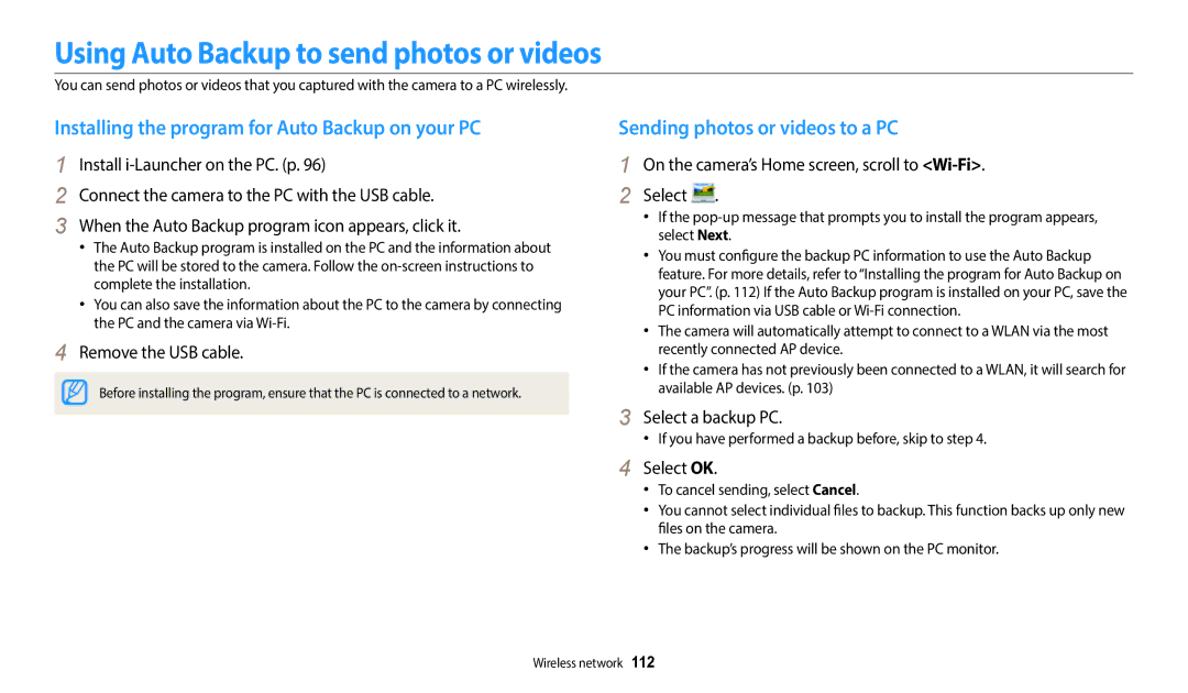 Samsung EC-DV180FBDWSA manual Using Auto Backup to send photos or videos, Installing the program for Auto Backup on your PC 