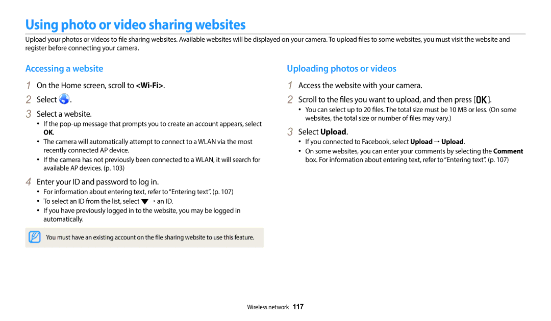 Samsung EC-DV180FBPBFR manual Using photo or video sharing websites, Accessing a website, Uploading photos or videos 