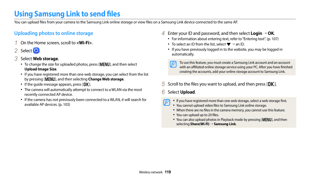 Samsung EC-DV180FBDPSA manual Using Samsung Link to send files, Uploading photos to online storage, Select Web storage 