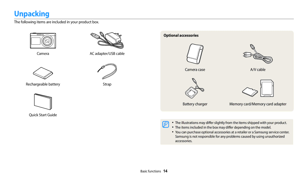 Samsung EC-DV180FBDBVN, EC-DV180FBPWFR, EC-DV180FBPBFR, EC-DV180FBPWE1, EC-DV180FBDPSA manual Unpacking, Optional accessories 