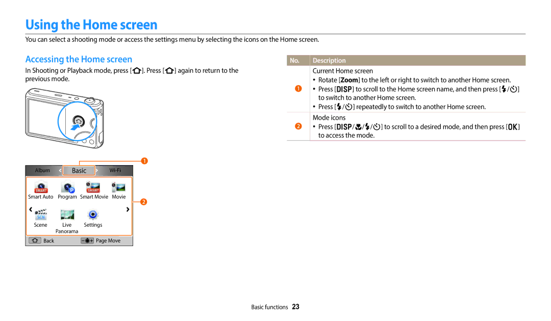 Samsung EC-DV180FBDBVN, EC-DV180FBPWFR, EC-DV180FBPBFR, EC-DV180FBPWE1 manual Using the Home screen, Accessing the Home screen 