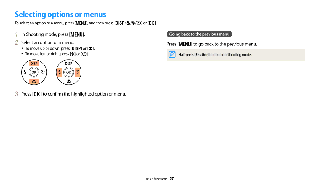 Samsung EC-DV180FBPBFR, EC-DV180FBPWFR manual Selecting options or menus, Shooting mode, press m Select an option or a menu 